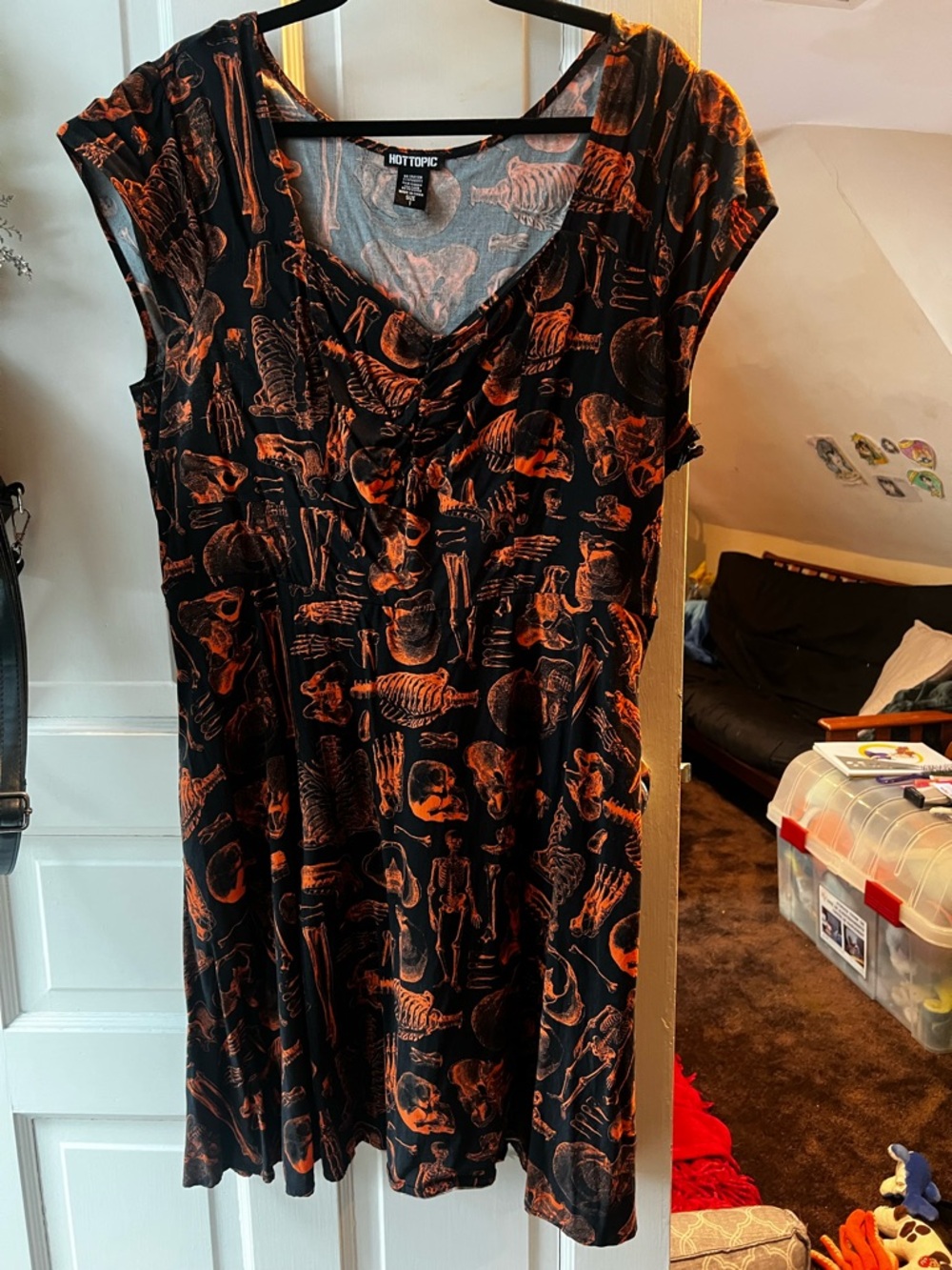 Hot Topic Black & Orange Skeleton Print Mini Dress